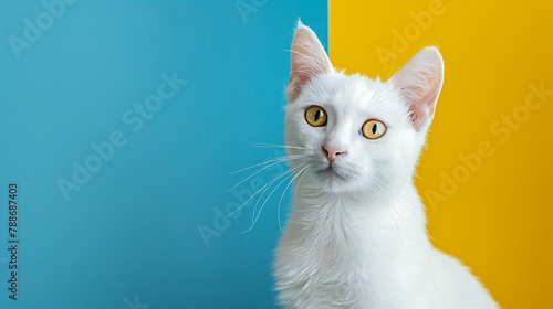 Portrait of Pure White Cat with odd eyes and tail lick on bright Blue and Yellow Background
