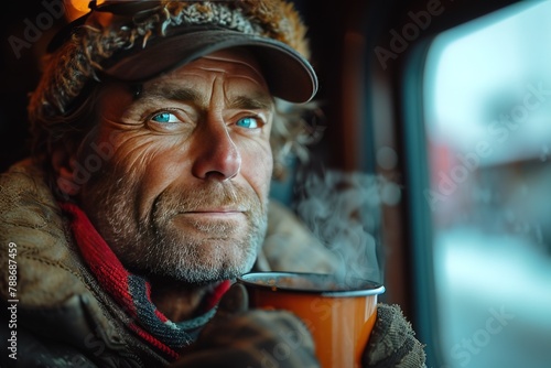 A semi-truck driver savoring a cup of freshly brewed coffee at a roadside café, with the aromatic steam rising from the mug