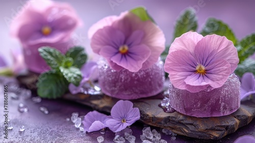   A cluster of purple blossoms atop a wooden plank  adjacent to a stack of ice cubes