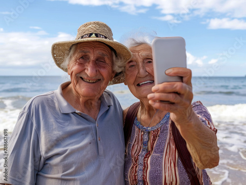 Elderly couple taking a selfie on the beach. AI generative.