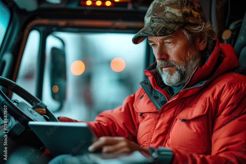 A semi-truck driver using a tablet to complete electronic logs, monitor fuel efficiency, and plan rest stops along their route A semi-truck driver using a tablet to complete electronic logs, monitor fuel efficiency, and plan rest stops along their route