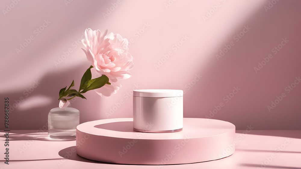 Pink cosmetic product display podium with peony flower Pink cosmetic product display podium with peony flower