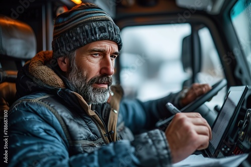 A semi-truck driver using a tablet to complete electronic logs and paperwork, ensuring compliance with regulations