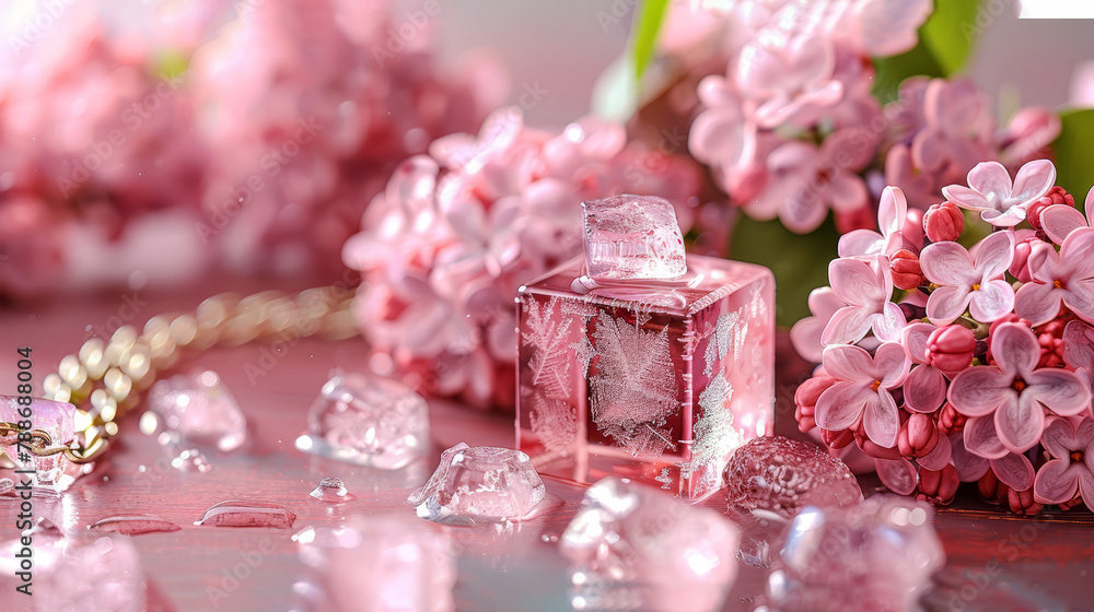 A tight shot of a perfume bottle and nearby flowers with ice cubes on the table A tight shot of a perfume bottle and nearby flowers with ice cubes on the table