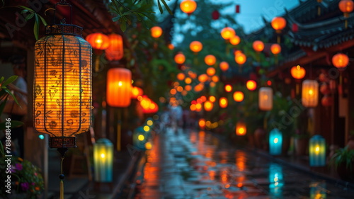 Illuminated Street With Hanging Lanterns photo