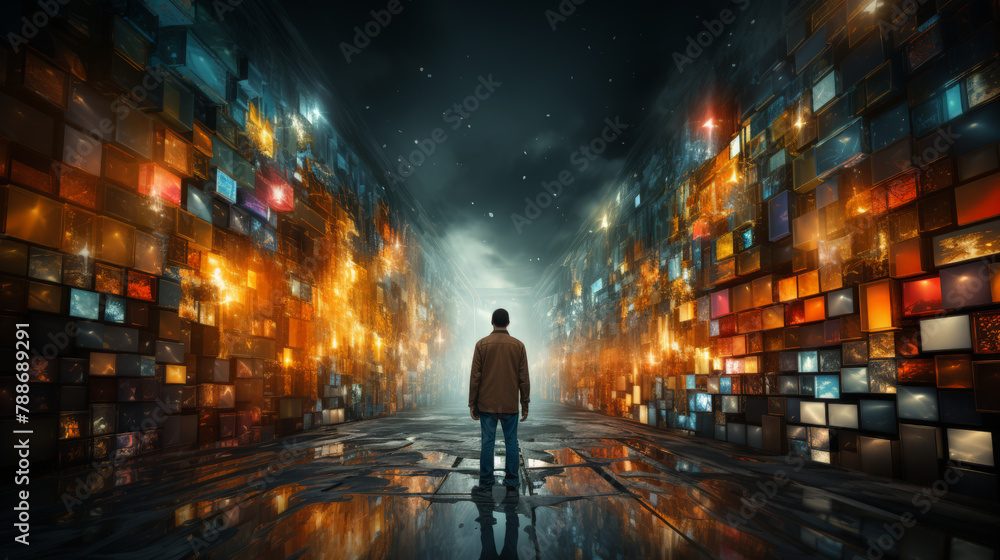 Man in futuristic cityscape with illuminated cubes Man in futuristic cityscape with illuminated cubes