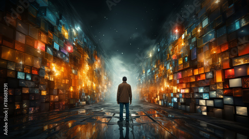 Man in futuristic cityscape with illuminated cubes photo
