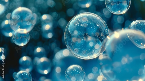  A collection of bubbles hovering above a expansive, blue water surface, brimming with numerous bubbles