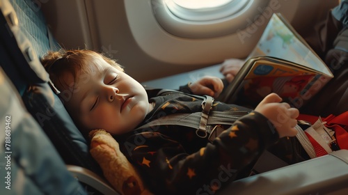 Sleeping toddler in airplane seat, wide shot, parent quietly reading next to them, calm and quiet environment, Shot from above with a 70mm lens at f28 for shallow depth of field on faces photo