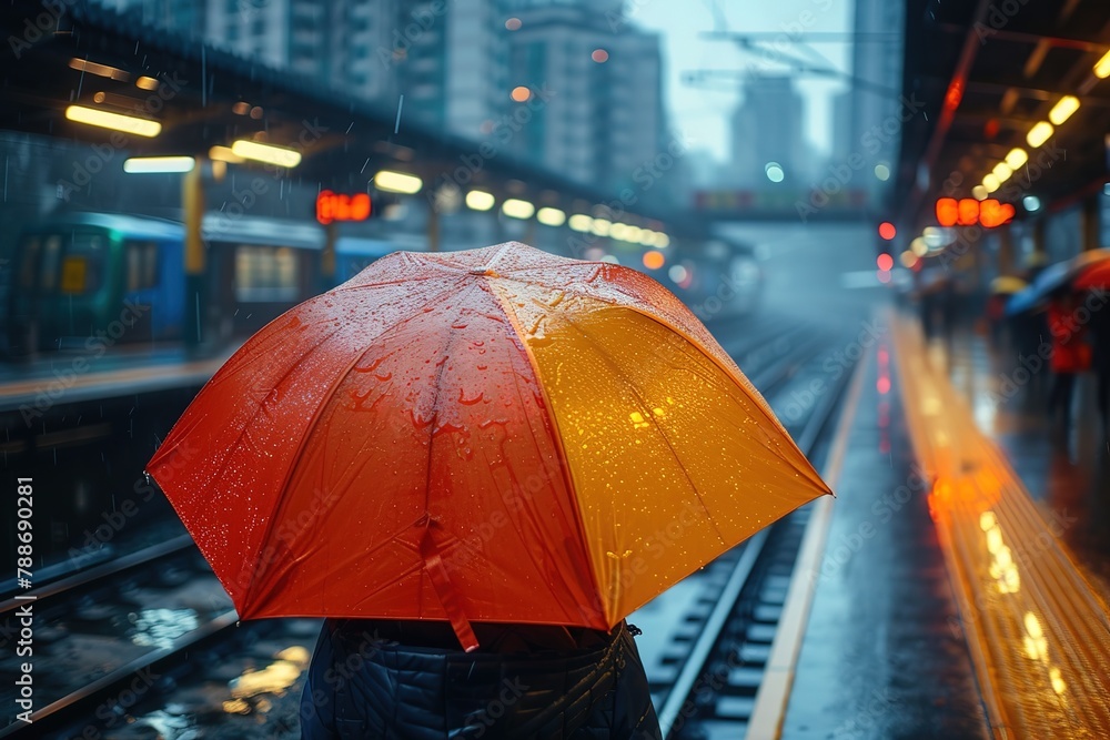 A train station platform during a rain shower, with passengers huddled under colorful umbrellas