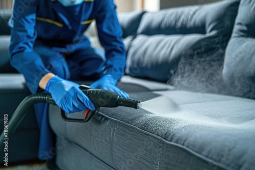 Cleaning modern couch using professional steam cleaner