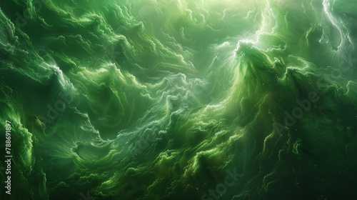  A computer-generated image features a green-black swirling backdrop encircled by a brilliant light source at its core