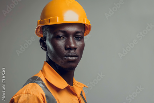 Portrait of young african worker in helmet and safety vest on grey background