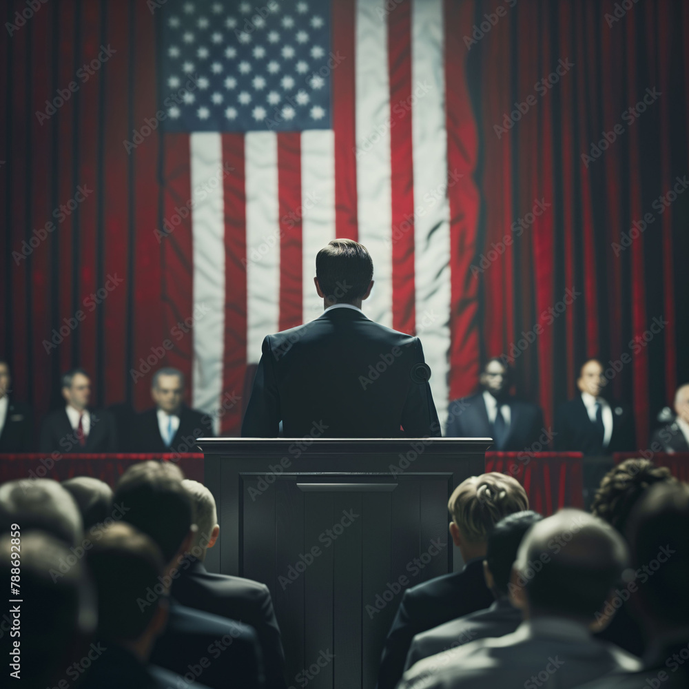 A politician speaks to an audience from the podium: diplomatic speech, Speechwriter, political activity, and democrats. A politician speaks to an audience from the podium: diplomatic speech, Speechwriter, political activity, and democrats.