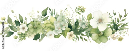 greenery watercolor clipart featuring lots of flowers and dense, green foliage © RABEYAAKTER