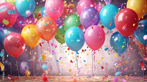 Rainbow party balloons with confetti, 3D rendering.