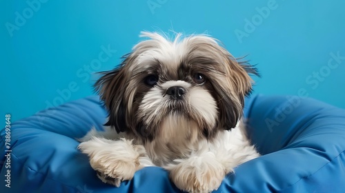 Shih tzu puppy lying on a blue cushion on a blue background