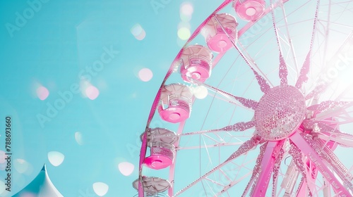 close up of pink colored ferris wheel with a lot of pink glitter on a sunny day