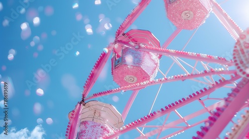 close up of pink colored ferris wheel with a lot of pink glitter on a sunny day