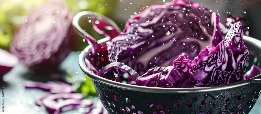A close-up view of a basic black strainer containing red cabbage pulp and a cut vegetable for preparing fresh homemade juice, against a bright background. A close-up view of a basic black strainer containing red cabbage pulp and a cut vegetable for preparing fresh homemade juice, against a bright background.