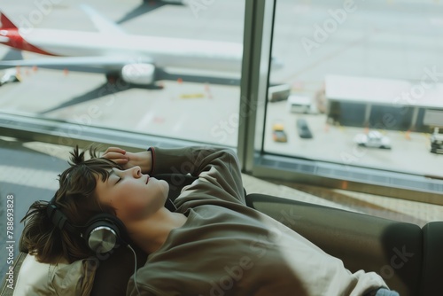 Teenager listening to music in airport lounge, relaxed position, headphones on, watching planes on tarmac, Shot from above with a 70mm lens at f28 for shallow depth of field on faces photo