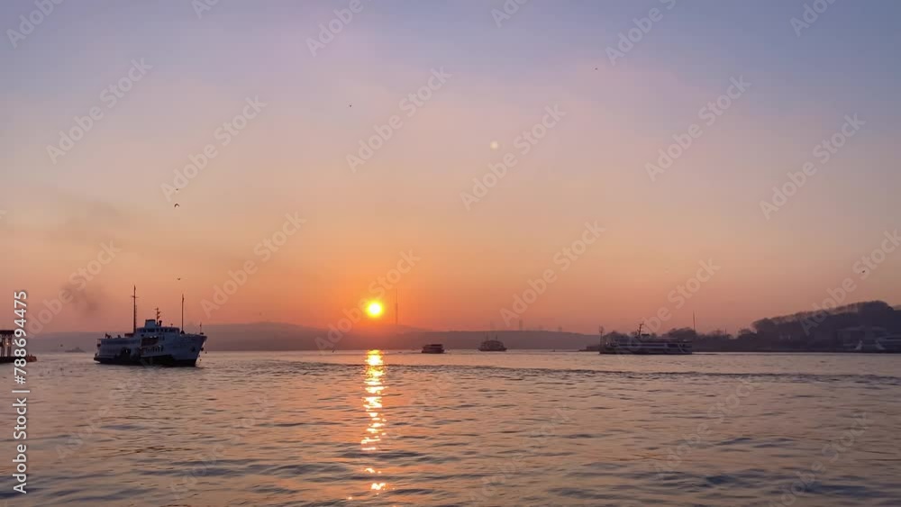 Seascape golden sunrise over the sea. Yacht sailing in the sunrise time. Seascape golden sunrise over the sea. Yacht sailing in the sunrise time.