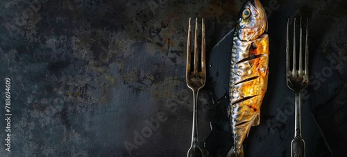 Smoked mackerel on a metal fork. On a black background. place for text. generative ai