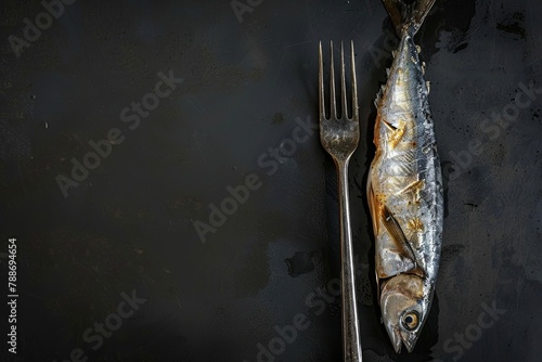 Smoked mackerel on a metal fork. On a black background. place for text. generative ai
