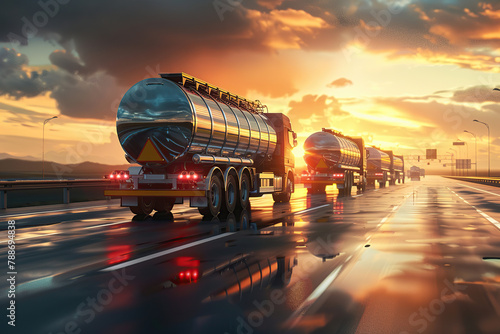 Several fuel tanker truck on the road with sunset photo