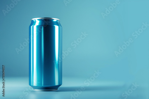 Metal, tin can with space for text on a blue background