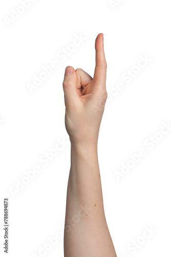 Index finger pointing up, side view, hand gesture isolated on white background