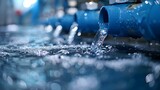 Blue Pipe Burst: Urgent Water Leak Scene. Concept Plumbing Emergency, Water Damage, Pipe Burst, Urgent Assistance, Residential Flooding