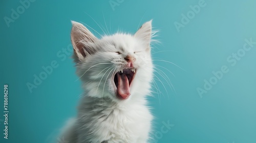 Sleepy cat with white fur yawning on a blue background