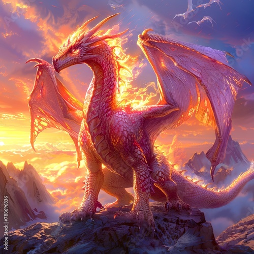 A majestic pink dragon standing atop a mountain peak at sunrise