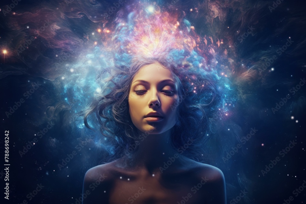 Serene Spiritual ethereal young girl galaxy. Cute person star portrait face. Generate Ai Serene Spiritual ethereal young girl galaxy. Cute person star portrait face. Generate Ai