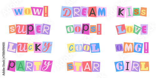 Cut colorful words from magazines in Y2K style. Anonymous newspaper letters for collage in 90s style. Criminal clipping lettering for sticker, poster, banner, greeting card, social media, web design