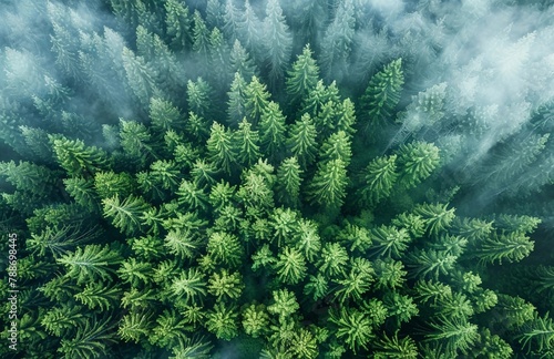 Green forest under the cover of clouds, spruce and pine trees, view from above. Sustainable forest. Lush green trees absorb CO2. Natural carbon sink. Nature concept. Earth Day.