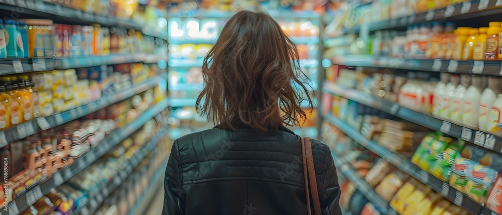 Aisle of Choices: Shopper in the World of Abundance. Concept Consumerism, Decision Making, Variety of Options, Retail Therapy, Selection Process Aisle of Choices: Shopper in the World of Abundance. Concept Consumerism, Decision Making, Variety of Options, Retail Therapy, Selection Process