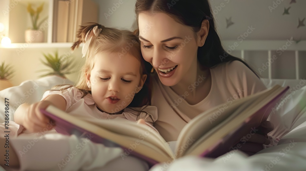 mother and child daughter reading book in bed before going to sleep at night mother and child daughter reading book in bed before going to sleep at night