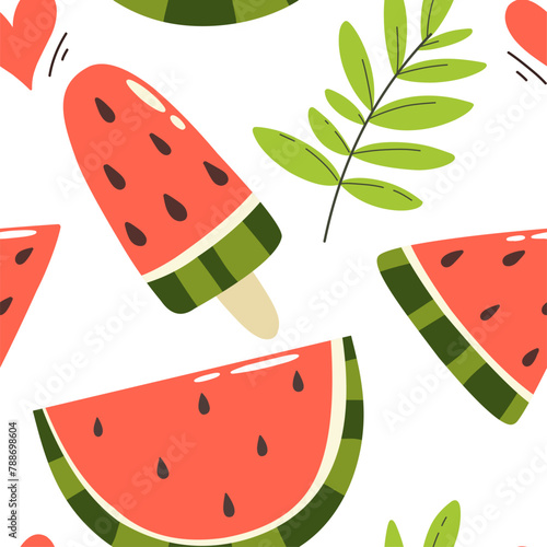 Seamless pattern with watermelon slices and drink in cartoon flat style, bright and summer print. Vector illustration.