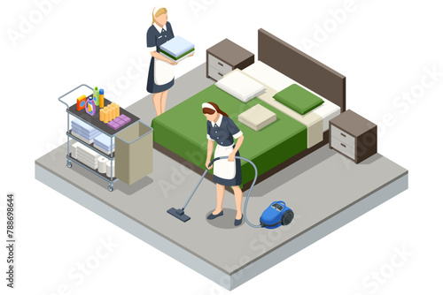 Isometric Professional chambermaids cleaning floor in hotel room. Chambermaid in uniform using vacuum cleaner while cleaning floor covering in one of hotel room
