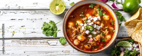 Vibrant overhead shot of two bowls of pozole, a classic Mexican soup with flavorful toppings, on withe boards. photo
