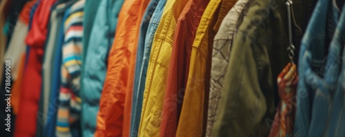 Colorful jackets on display at a clothing store. Soft focus on assorted fashion outerwear