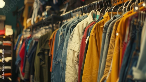 Variety of casual jackets on hangers in a clothing store. Fashion retail concept with a soft focus