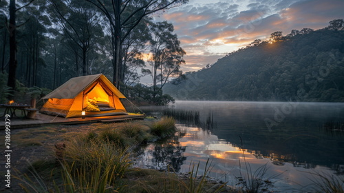 Tent on Lake Shore by Forest © Prostock-studio