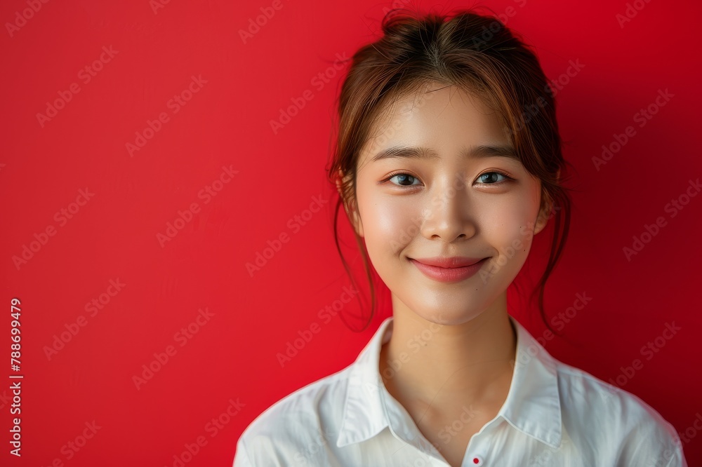 Young korean business woman wearing white shirt on red background Young korean business woman wearing white shirt on red background