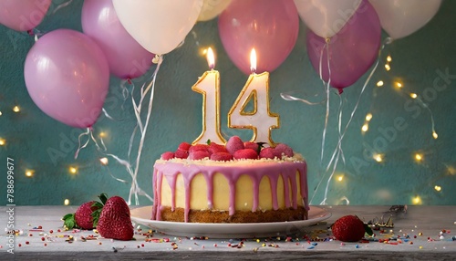 number 14 candle on a twenty eit year birthday or anniversary cake celebration with balloons photo