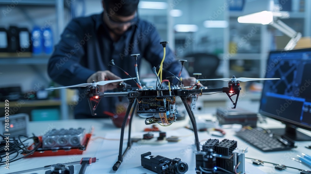 A large drone is sitting on a table in a room full of other drones and robots A large drone is sitting on a table in a room full of other drones and robots