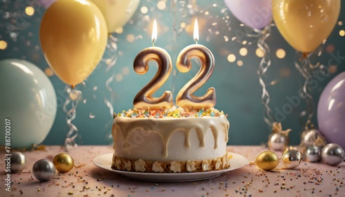 number 22 candle on a twenty eit year birthday or anniversary cake celebration with balloons