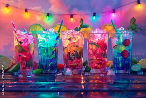 A vibrant illustration of a cocktail party, with drinks of every color under rainbow lights, capturing the joy of mixology and social gatherings